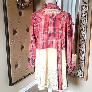 Boho Tunic/Dress Red Plaid on top & eyelet & distressed denim from waist down.